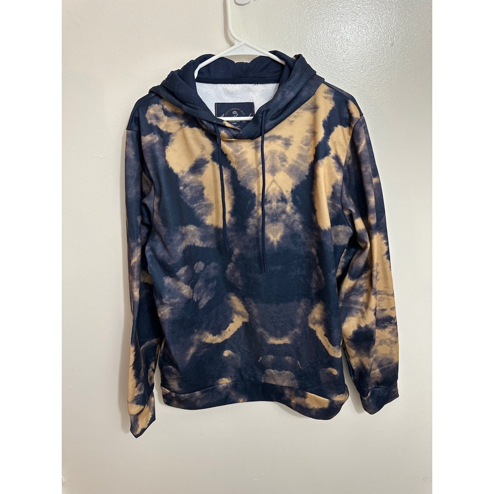 Across the Pond Signature Line Navy Tan Tie Dye Bleach Wash Hoodie Mens Large
